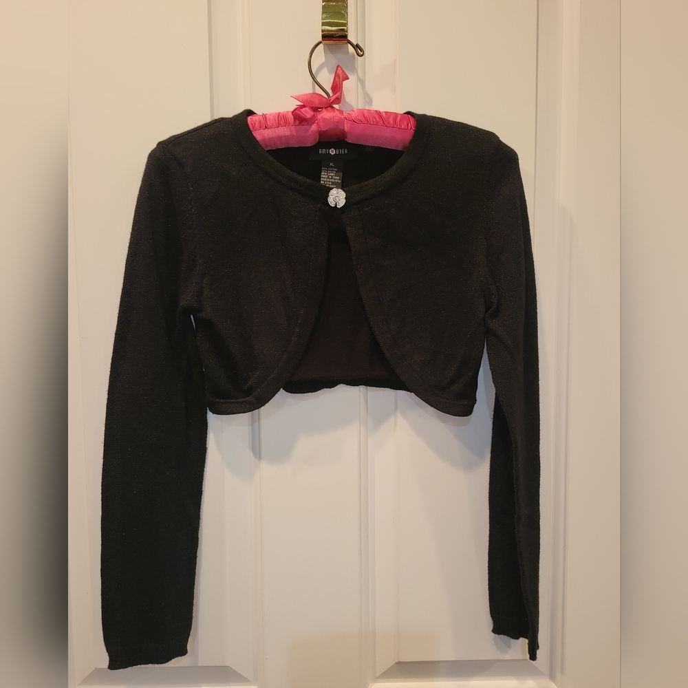 Amy Byer Black Girls, size M, Long Sleeve Shrug with Bling Flower Clasp